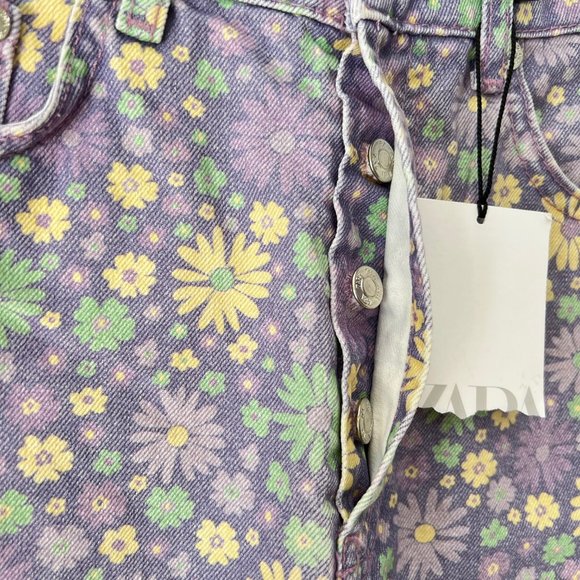 NEW! ZARA Floral High Waisted Denim 70s Shorts Lilac, Size US 2 (EU 34) - Picture 9 of 16